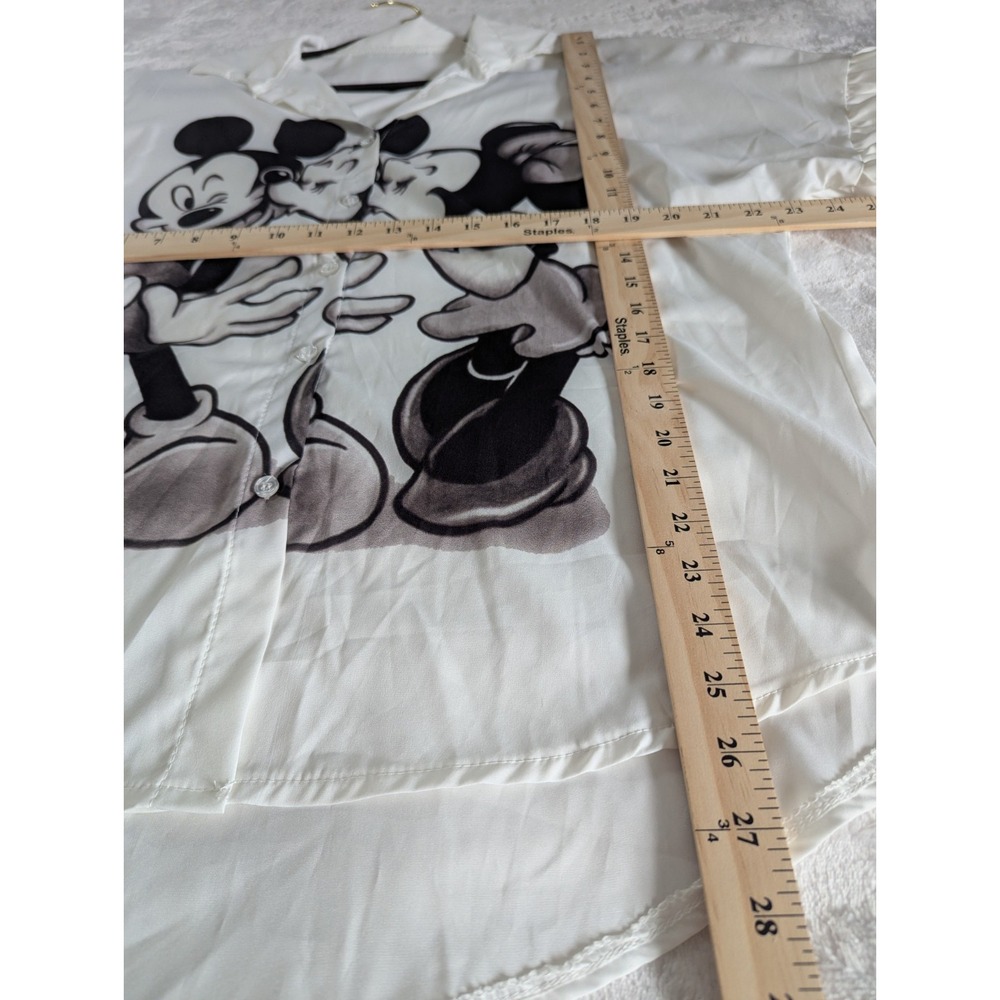 Mickey & Minnie Graphic Blouse Top White Ruffle Sleeve Button Up Black White Lg - Picture 4 of 6